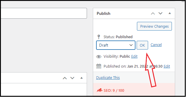 Click ok and update draft to unpublish wordpress page on classic editor