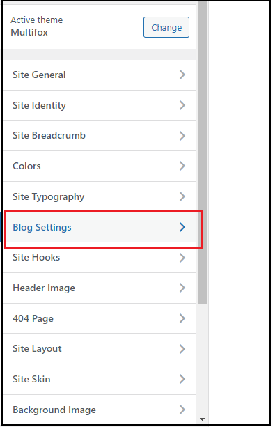Select blog settings in WordPress customizer