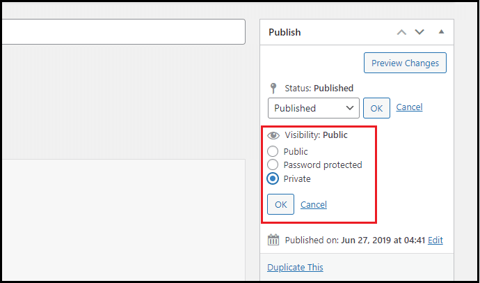 Unpublish WordPress page visibility as private in block editor
