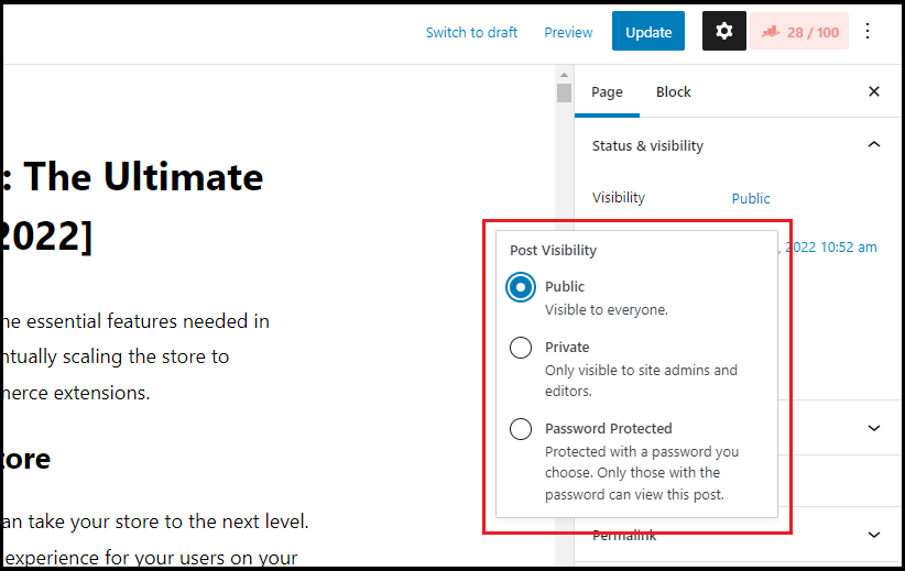 WordPress page visibility in block editor