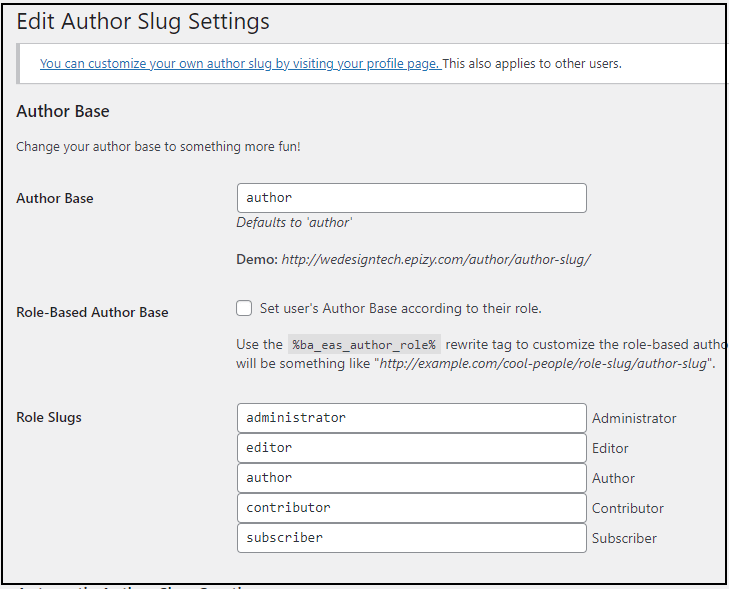 Change Author role URL settings