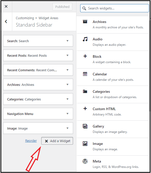 Click Add a Widget in WordPress customizer