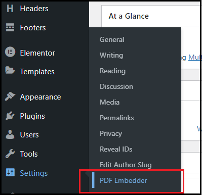 Click PDF embedded in settings on WordPress