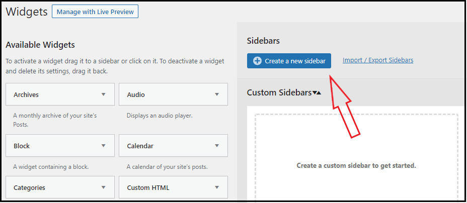 Click create a new sidebar button