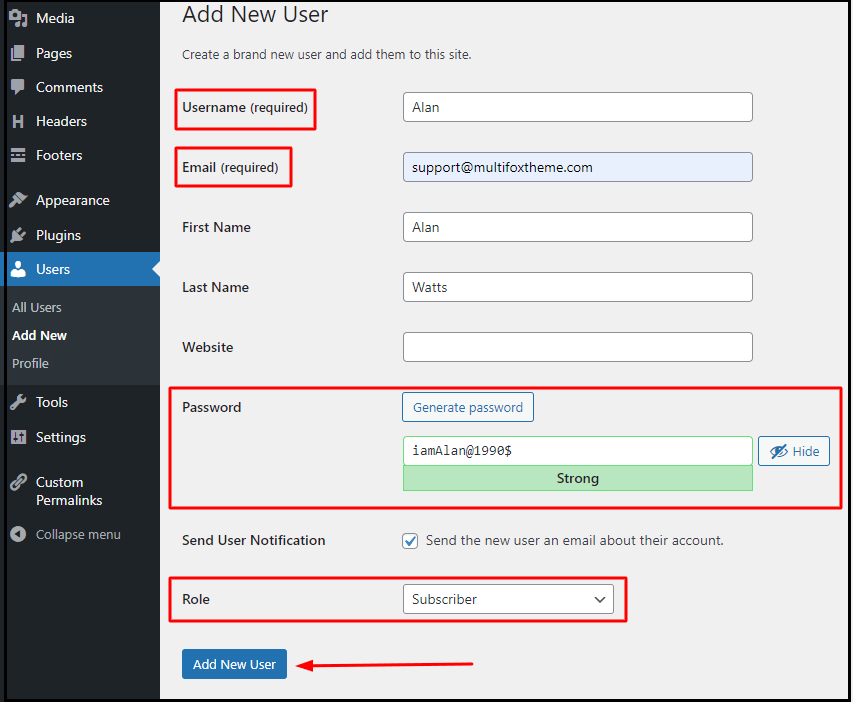 Fill In The necessary User Details In Add New User 