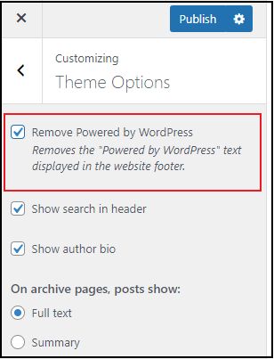 Remove proudly Powered by WordPress footer link on Customizer
