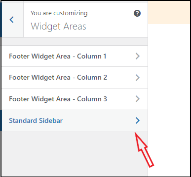 Select Standard sidebar in Widget Areas of WordPress customizer