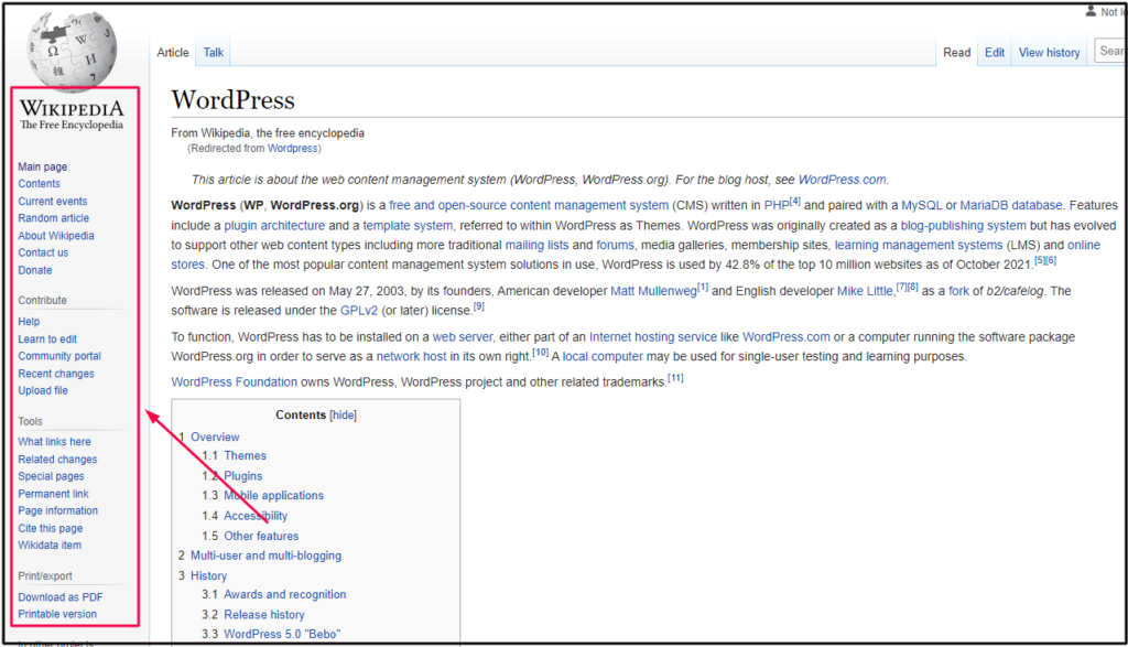 Sidebar on Wikipedia site