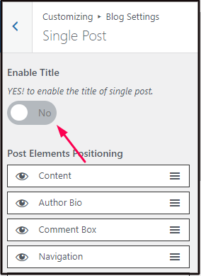 Switch enable title button to off to hide page title in WordPress
