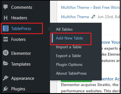 Ad new table from Tablepress plugin