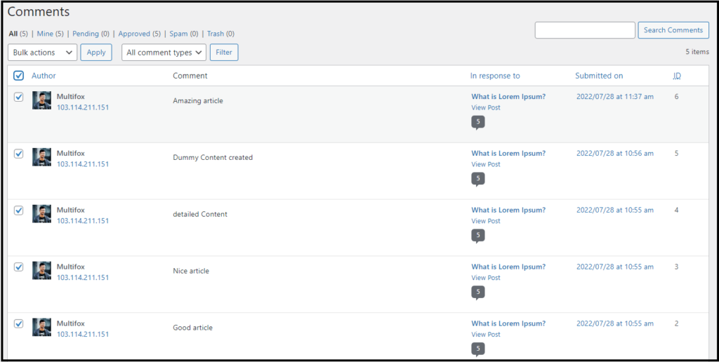 select all the comments on WordPress dashboard