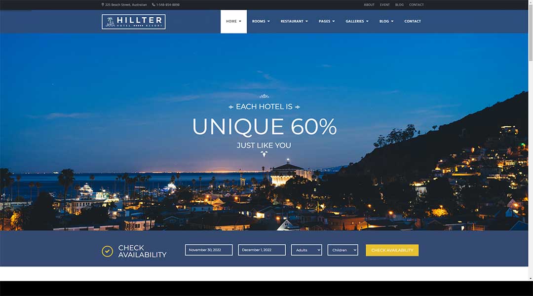 Hillter Responsive Hotel Booking WordPress Theme