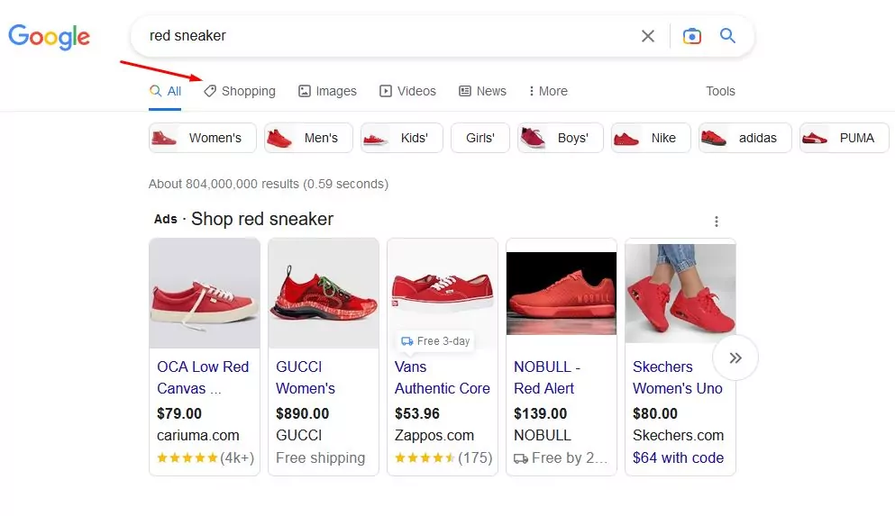 Google shopping tab